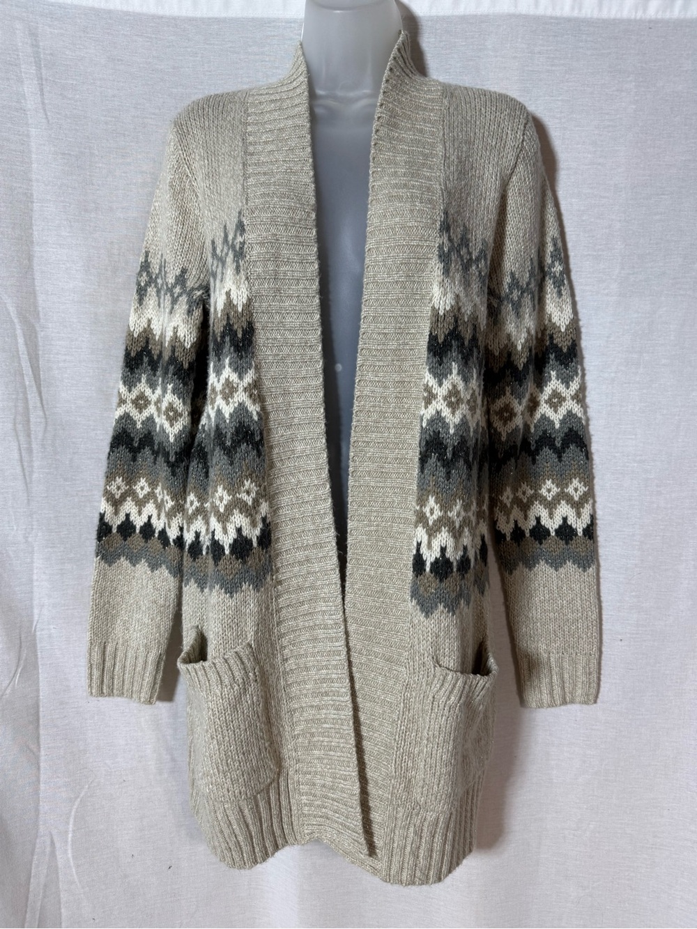Sonoma Beige Fair Isle Open-Front Cardigan Size Medium
